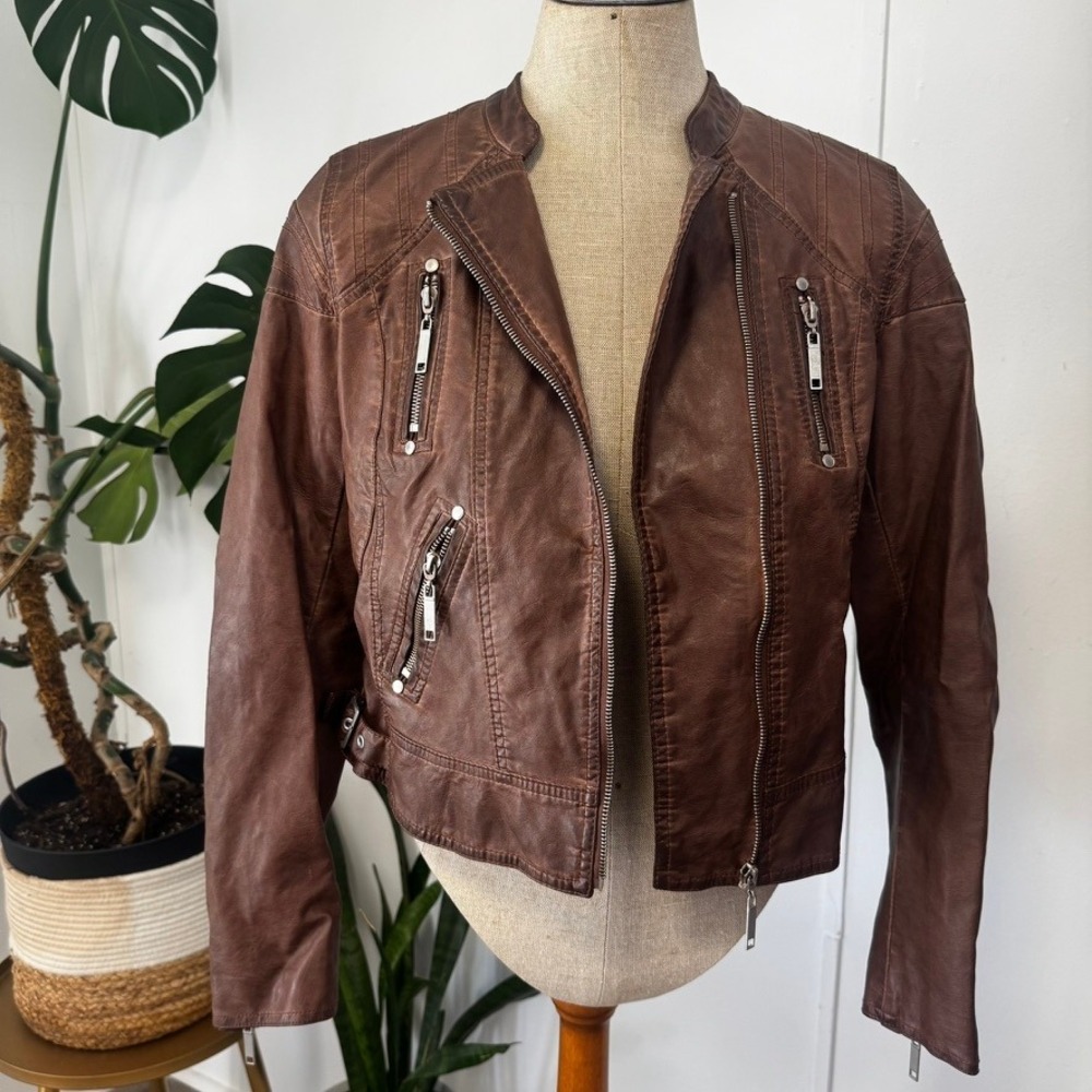 J2 Moto Biker Jacket Women Medium‎ Brown Faux Leather Cropped Zip Up RN 114542